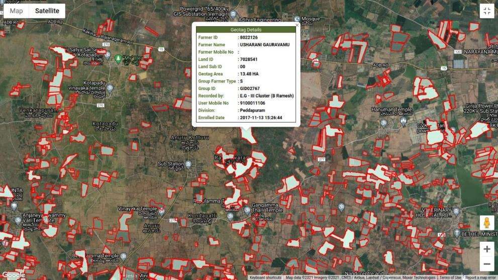 Oil palm gardens plotted on a satellite map